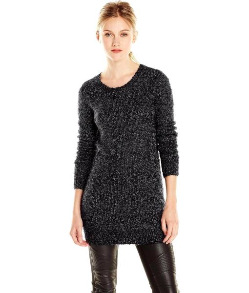 BCBGeneration 2-Color Boucle Tunic Sweater, Black/Combo