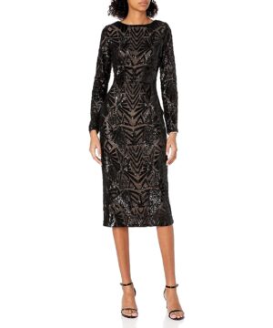 View 1 of 2 DRESS THE POPULATION Emery Long Sleeve Stretch Sequin Midi Sheath Dress in Black