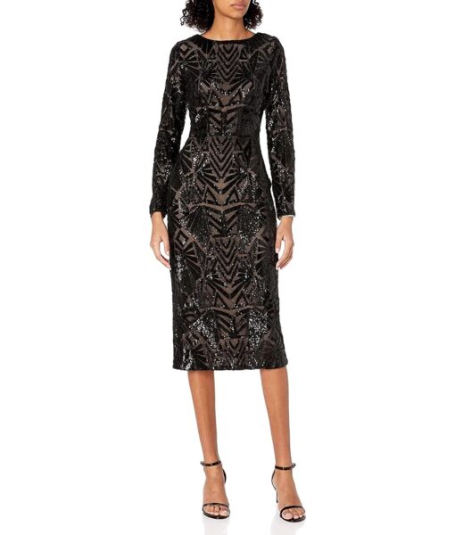 View 1 of 2 DRESS THE POPULATION Emery Long Sleeve Stretch Sequin Midi Sheath Dress in Black