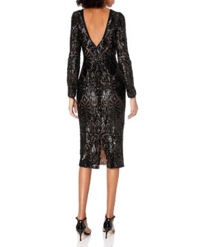 View 2 of 2 DRESS THE POPULATION Emery Long Sleeve Stretch Sequin Midi Sheath Dress in Black