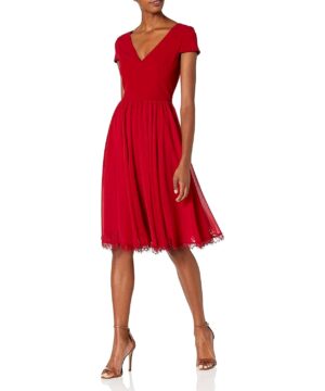 View 1 of 2 Dress the Population womens Corey Cap Sleeve Plunge Neck Fit and Flare Knee Length Dress in Garnet