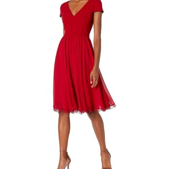 View 1 of 2 Dress the Population womens Corey Cap Sleeve Plunge Neck Fit and Flare Knee Length Dress in Garnet