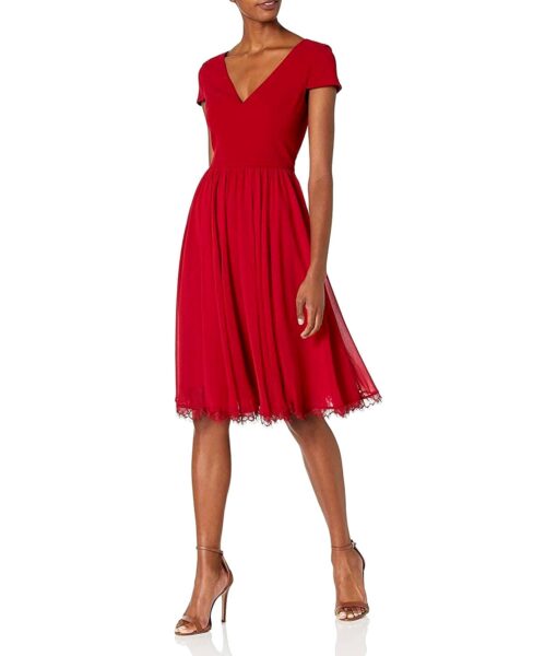 View 1 of 2 Dress the Population womens Corey Cap Sleeve Plunge Neck Fit and Flare Knee Length Dress in Garnet