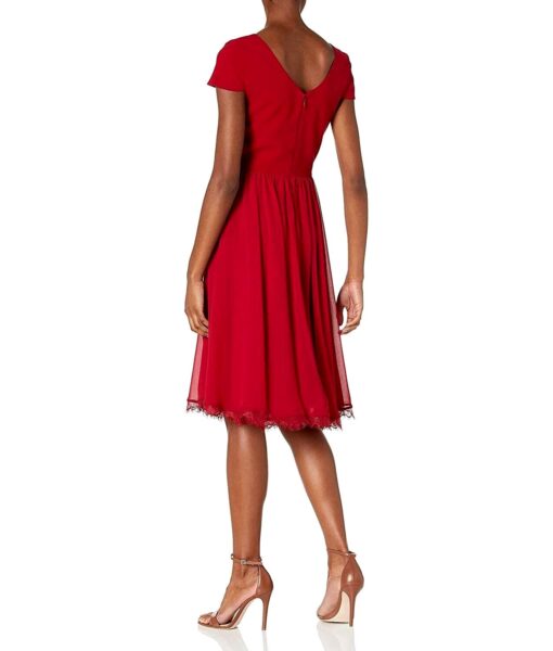 View 2 of 2 Dress the Population womens Corey Cap Sleeve Plunge Neck Fit and Flare Knee Length Dress in Garnet