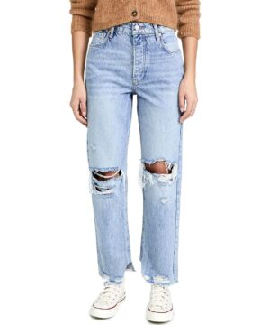 View 1 of 6 Free People Women's Tapered Baggy Boyfriend Jeans in Mid Century Blue