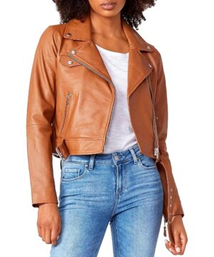 View 1 of 2 PAIGE Ryanne Leather Long Sleeves Motorcycle Jacket in Tan