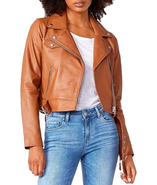 View 1 of 2 PAIGE Ryanne Leather Long Sleeves Motorcycle Jacket in Tan