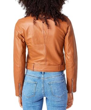 View 2 of 2 PAIGE Ryanne Leather Long Sleeves Motorcycle Jacket in Tan