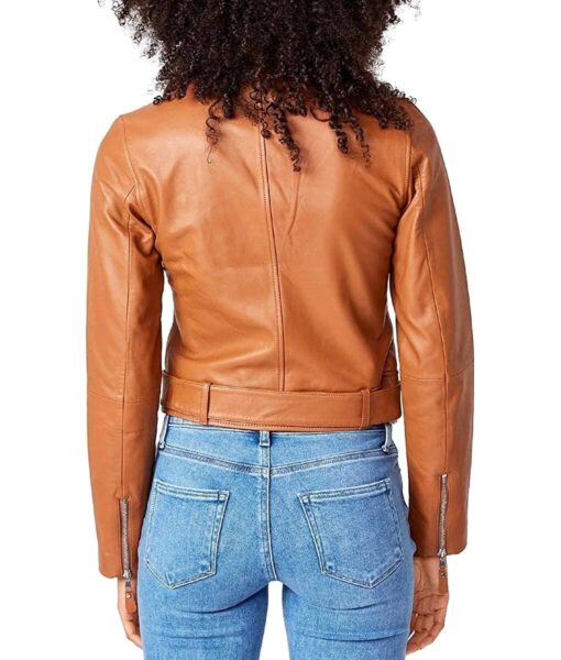 View 2 of 2 PAIGE Ryanne Leather Long Sleeves Motorcycle Jacket in Tan