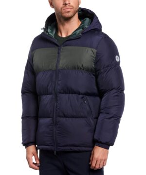 View 1 of 4 Original Penguin Men's Heavyweight Color Block Hooded Puffer Jacket in Dark Sapphire Blue