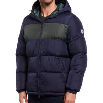 View 1 of 4 Original Penguin Men's Heavyweight Color Block Hooded Puffer Jacket in Dark Sapphire Blue