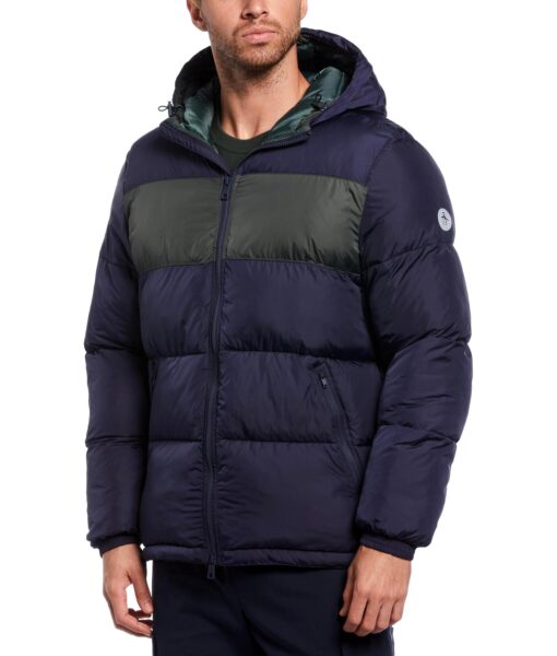 View 1 of 4 Original Penguin Men's Heavyweight Color Block Hooded Puffer Jacket in Dark Sapphire Blue