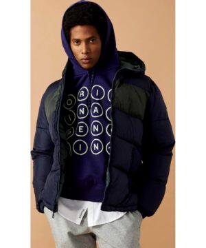 View 3 of 4 Original Penguin Men's Heavyweight Color Block Hooded Puffer Jacket in Dark Sapphire Blue